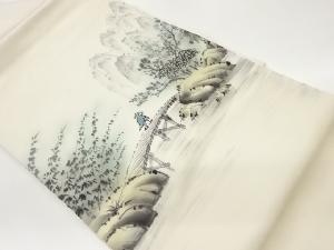 塩瀬手描き風景に橋・人物模様名古屋帯